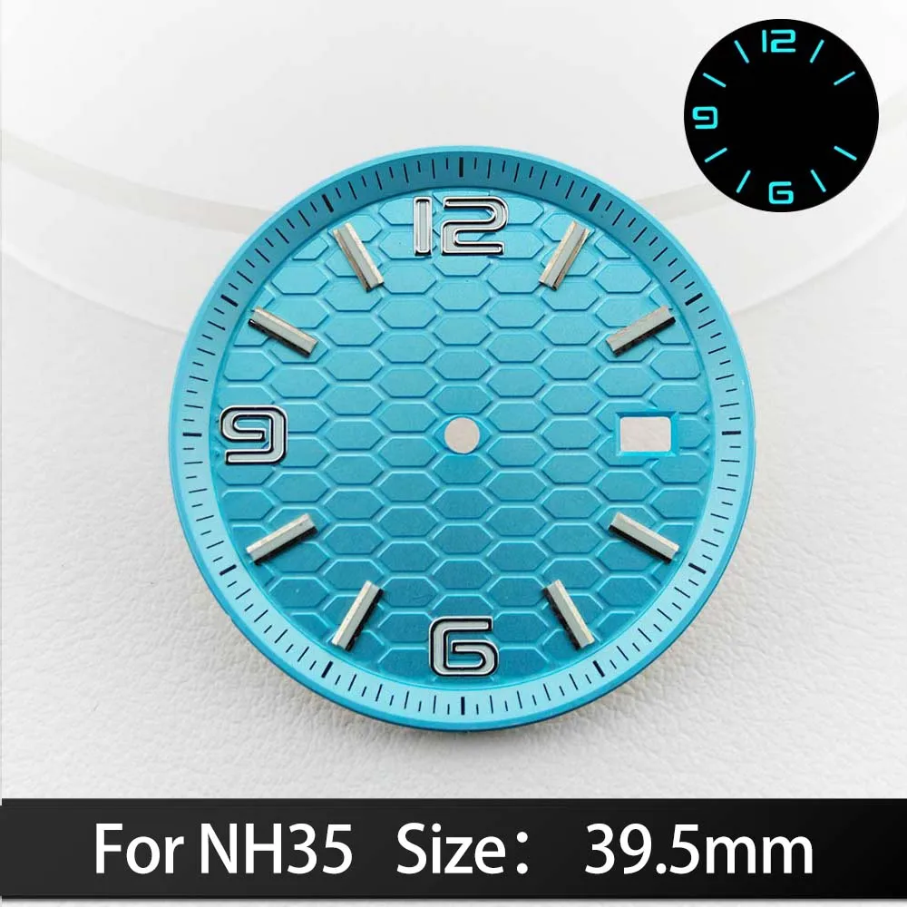 For NH35/NH36 Dials 39.5mm Blue Green luminous Calendar Window Concave Dial NH35 Automatic Movement Watch Replacement Parts