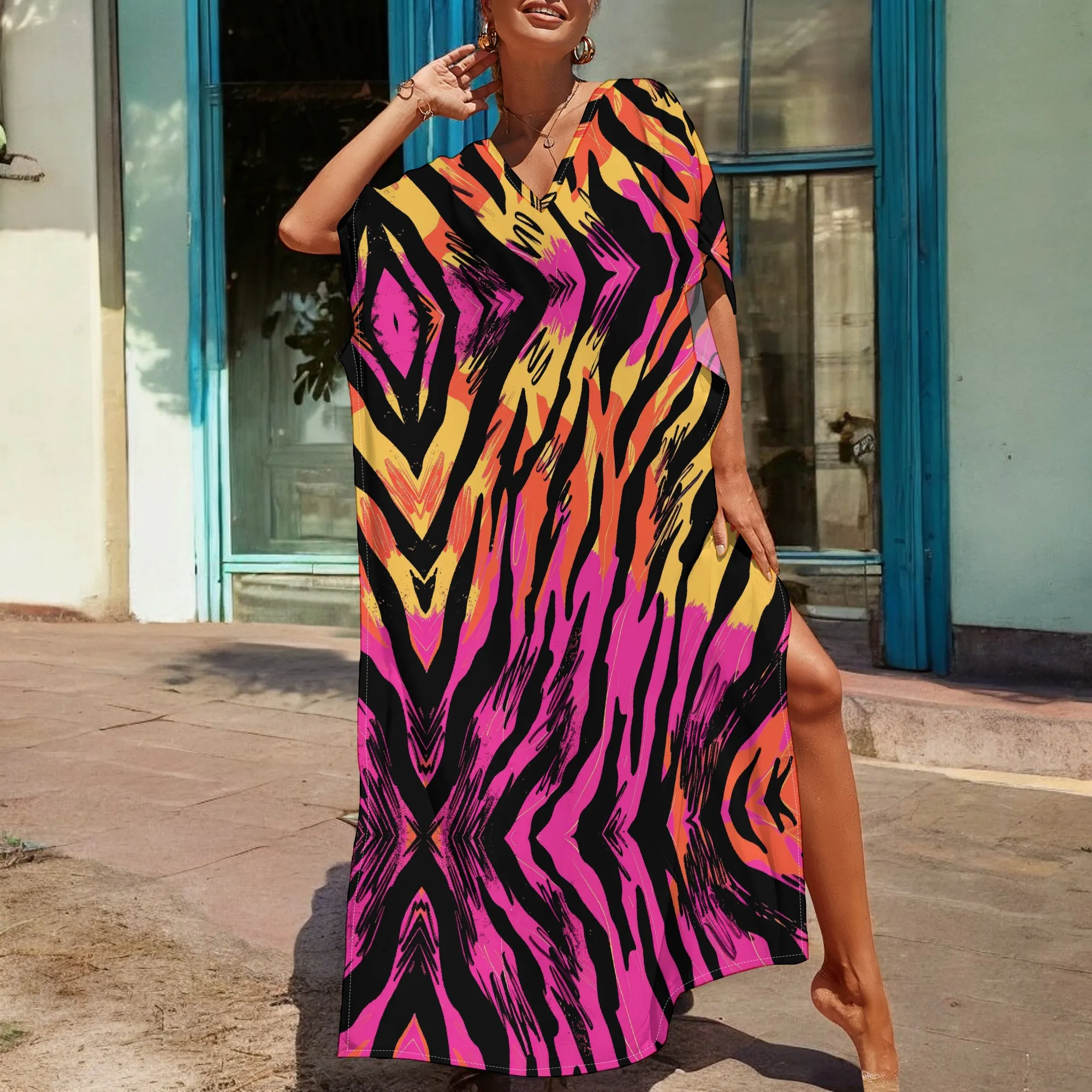 

Women's Abstract Leopard print Maxi Dress Boho Loose Fit V-Neck Short Sleeve Dress with Slit for Beach Vacation