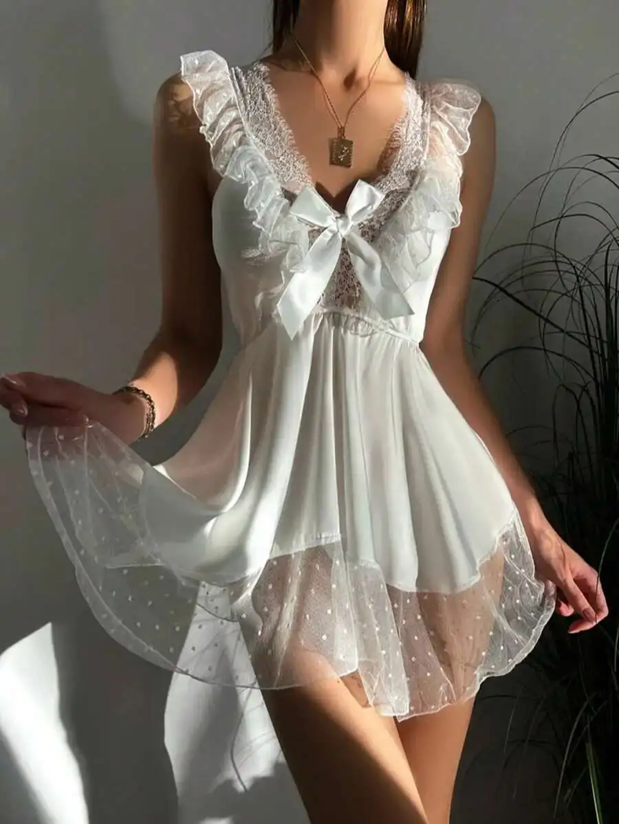 Vestido de dormir Stitch, vestido de dormir sin mangas con cuello en V y lazo en la espalda, pijamas y vestidos para mujer con encaje transparente en contraste y ribete en contraste