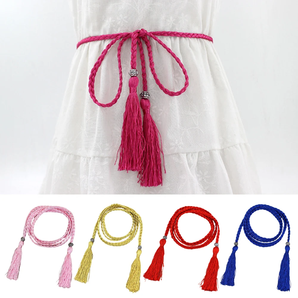 

7 Colors Tassels Belt Set Double Head Braided Woman Waist Chain Woven Fringes Waist Belt Fashion Knot Decorated Waistband