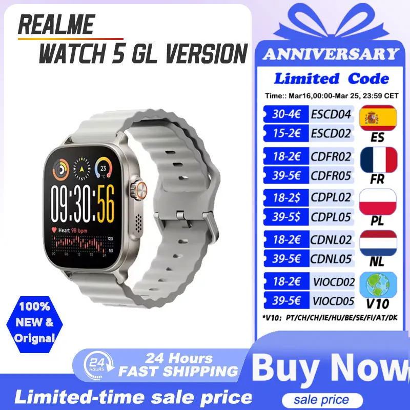 Version globale realme watch 5 1,97" AMOLED 460mAh Autonomie de 14 jours Plus de 300 thèmes Prise en charge du GPS GNSS Étanche IP68