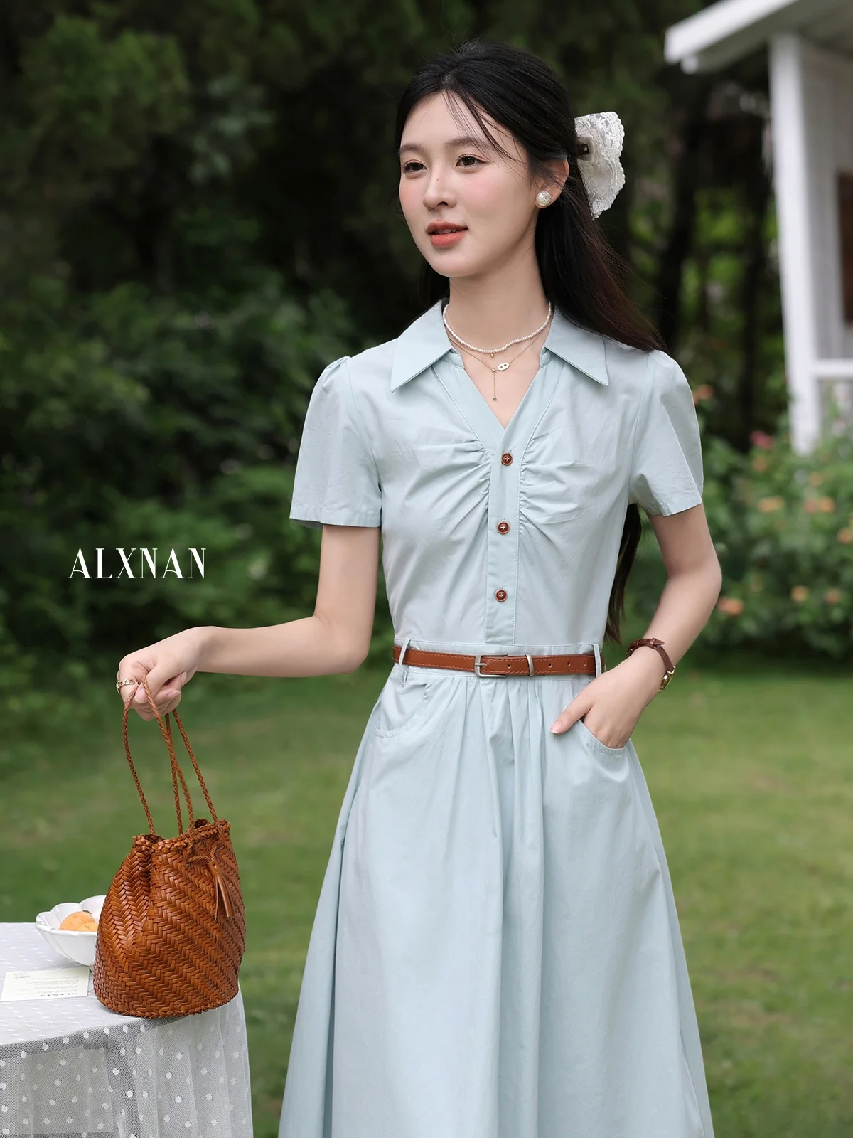 Ele Sweet Waist ort Sve Dr 女性用サマーロングスカート Aラインシルエット Vネック 花柄プリント カジュアルシックファッション