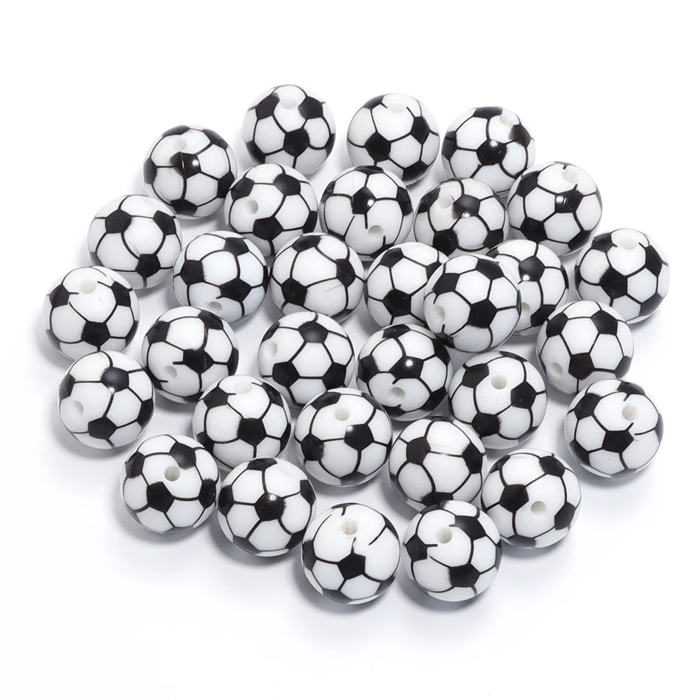 5Pcs 15mm Printed Silicone Beads Colorful Soccer Baseball Basketball Sport Silicone Round Beads DIY Keychain Jewelry Accessories