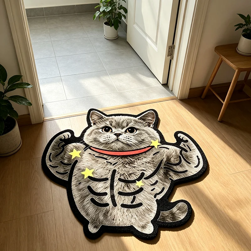Muscular Cat Irregular Shaped Rug Funny Buff Cats Cartoon Mat Entryway Doormat Creative Plush Decor Carpet for Bedroom Bedside