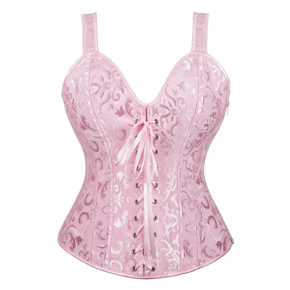 Pink Corset Women Sexy Bustier Vest Top Zipper Lingerie Plus Size Gothic Brocade Victorian Corselet Overbust Burlesque Costumes