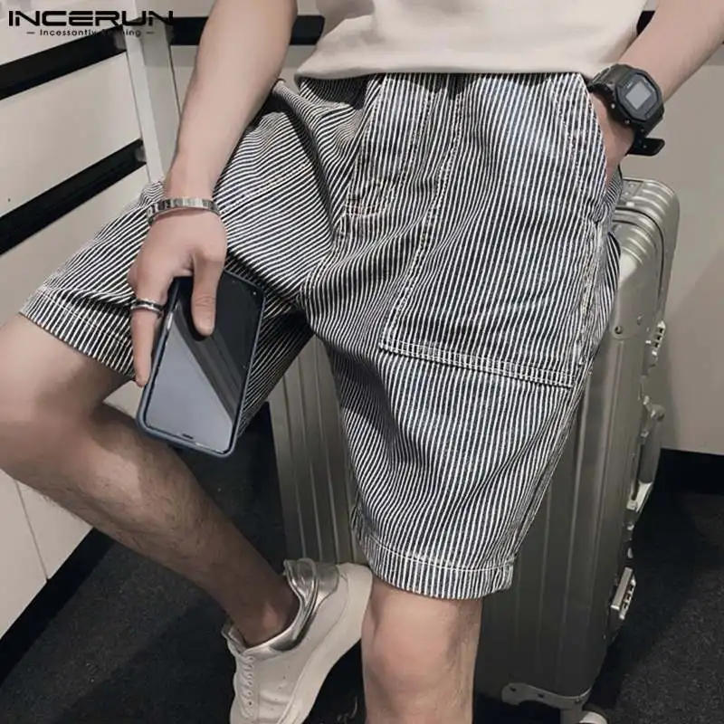 INCERUN Men Striped Shorts Elastic Waist Loose Pockets Casual Men\'s Bottoms Streetwear 2024 Summer Korean Fashion Shorts S-5XL