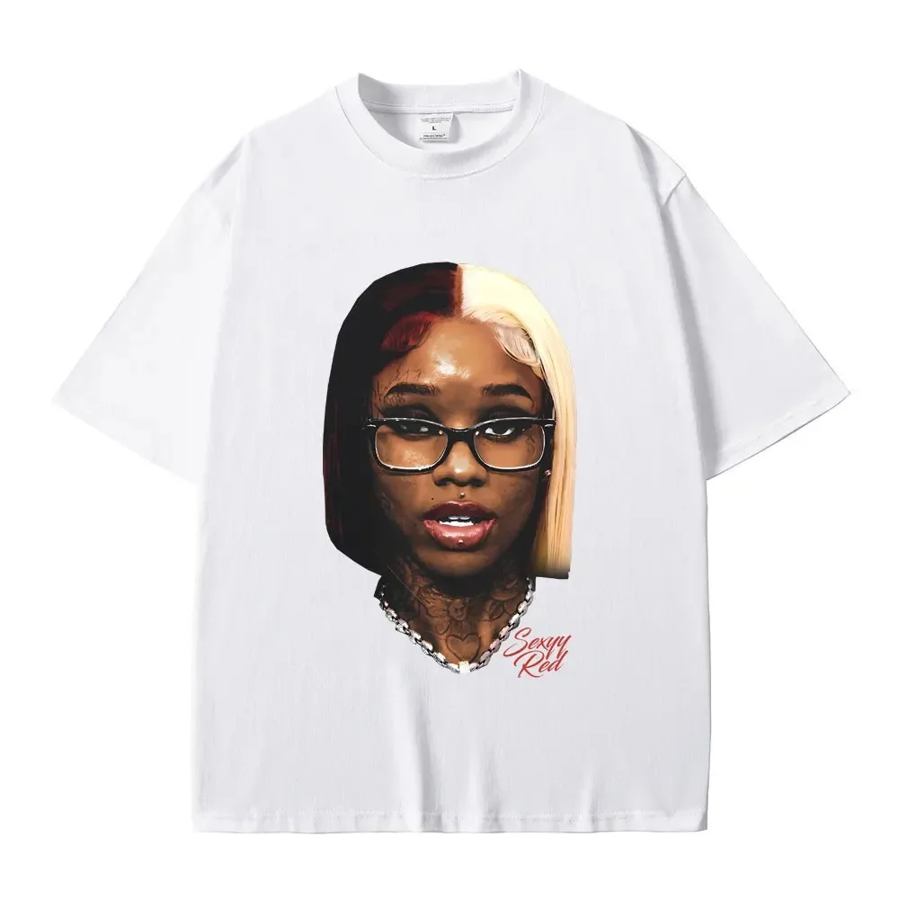 Camiseta de Hip Hop vermelha sexy masculina e feminina, rapper, Nicki Minaj, rosto, estampa gráfica, camiseta casual de grandes dimensões, moda masculina, tendência Streetwear