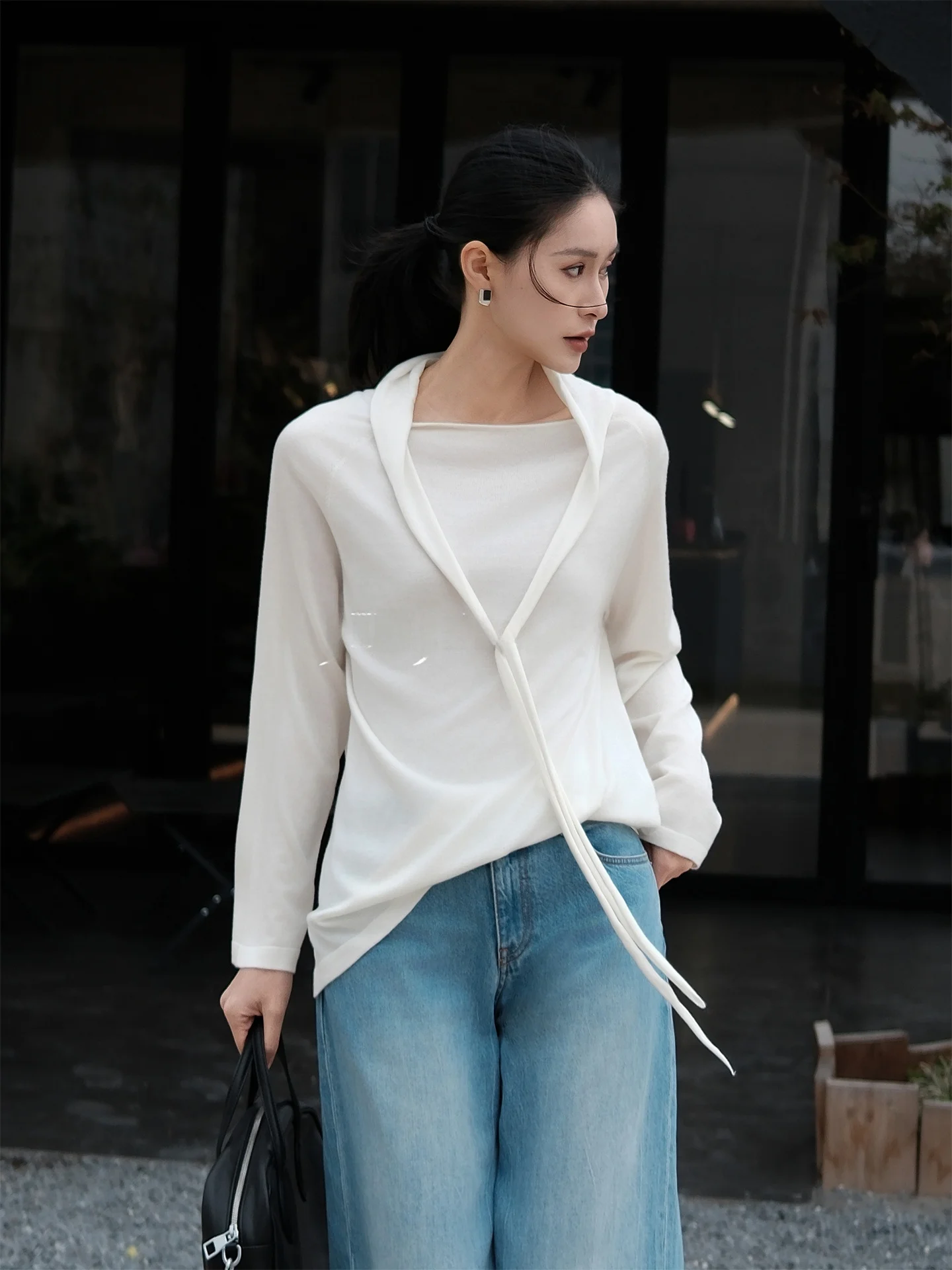 

Вязаный базовый топ Jieji Zhang Qi Spring Simple Design из шерсти с длинными рукавами, универсальный, из смесового полиэстера, комфортный, повседневный.