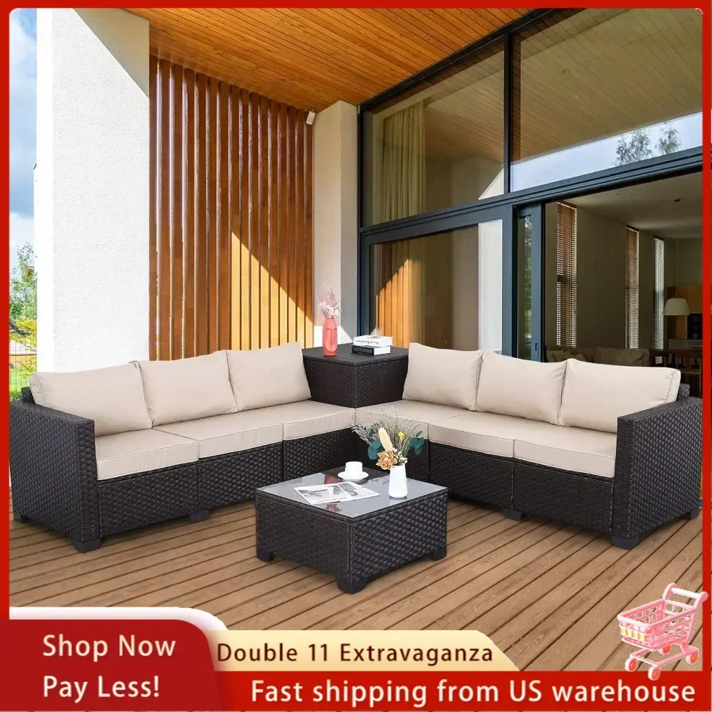 Patio PE Wicker Furniture Set 6 Piece Outdoor Brown Rattan Sectional Loveseat Couch Conversation Sofa Chair with Storage