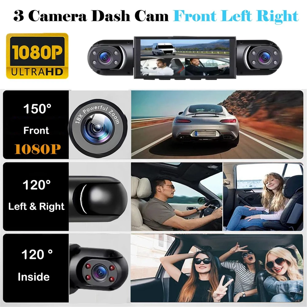 4 Channel Dash Cam 3.16 Inch IPS Screen 1080P Front Rear Inside Triple Lens Car DVR 170° Wide Angle G-Sensor Night Vision Parking Monitor Loop Recording Car Camera with 64GB TF Card