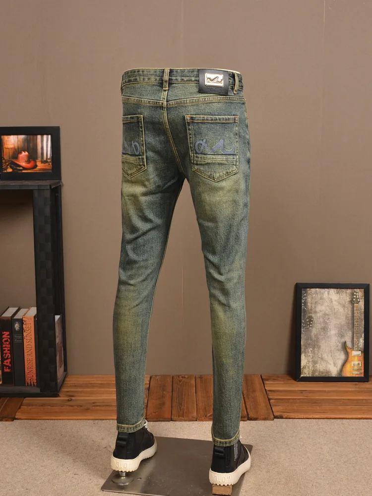 2024 Spring Retro Worn Jeans Men's Tight Stretch High Street Washed Yellow Mud Color Skinny Men's Clothing Retro Pants