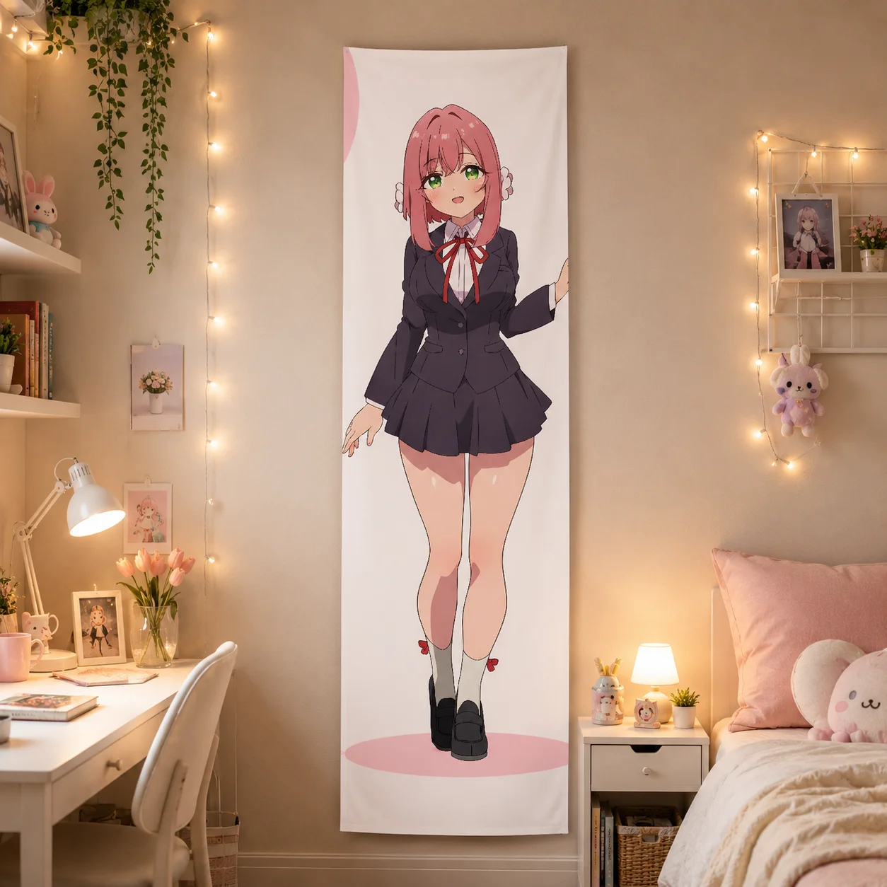 The 100 Girlfriends Hakari Hanazono Tapestry, JK Uniform Sweet Pink Anime Long Vertical Wall Hanging for Otaku Bedroom Decor