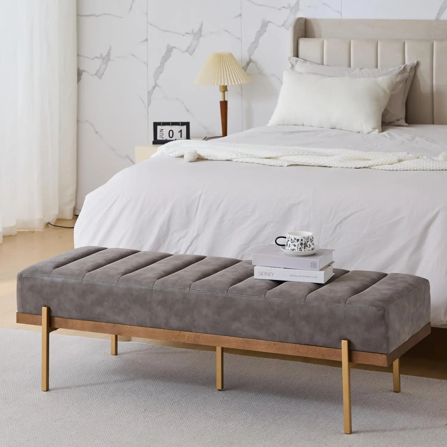 PU Leather Ottoman Bench,Versatile Upholstered Ottoman End of Bed Bench Seat,Ottoman with Gold Base for Bedroom, Customized