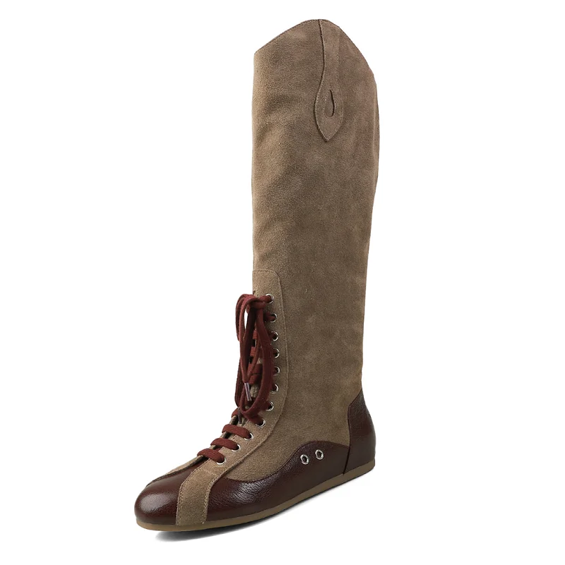 Woman Boots Cowgirls High Botas Side Zip Knee High Botas Cow Suede Shoes Round Toe Spring Autumn Woman Sports Casual Boots