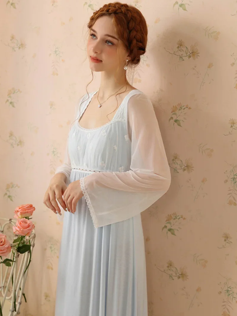 Women Sexy Fairy Princess Nightgown Princess Nightdress Long Sleeve Lace Pajamas with Chest Pads Mesh Modal Victorian Homewear