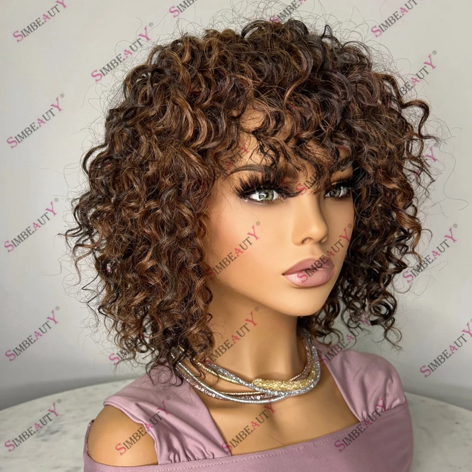 

Glueless 5x5HD Lace Closure Highlight Brown Blonde Human Hair Wig for Black Women with Bangs 180Density Remy Indian Hair Bob Wig