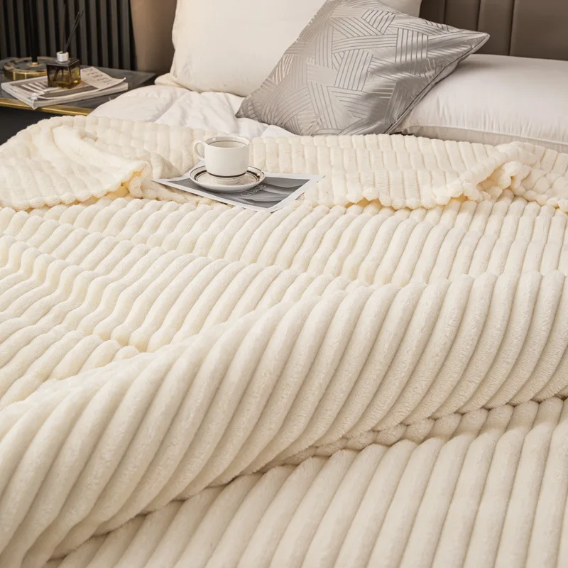 New Upgraded Thick Flannel Rabbit Fur Nap Blanket with Thick Striped Magic Fur Imitation Rabbit Fur Blanket Sofa Throw Blanket - Image 3
