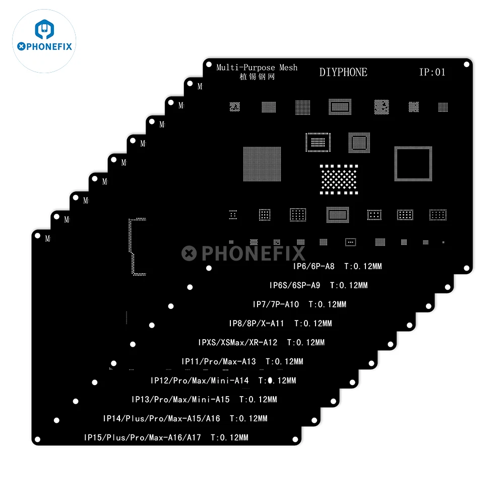 DIYPHONE Black Steel BGA Reballing Stencil Kit for IPhone 15 14 13 12 11 X 8 7 6 CPU IC Chip Tin Planting Soldering Net