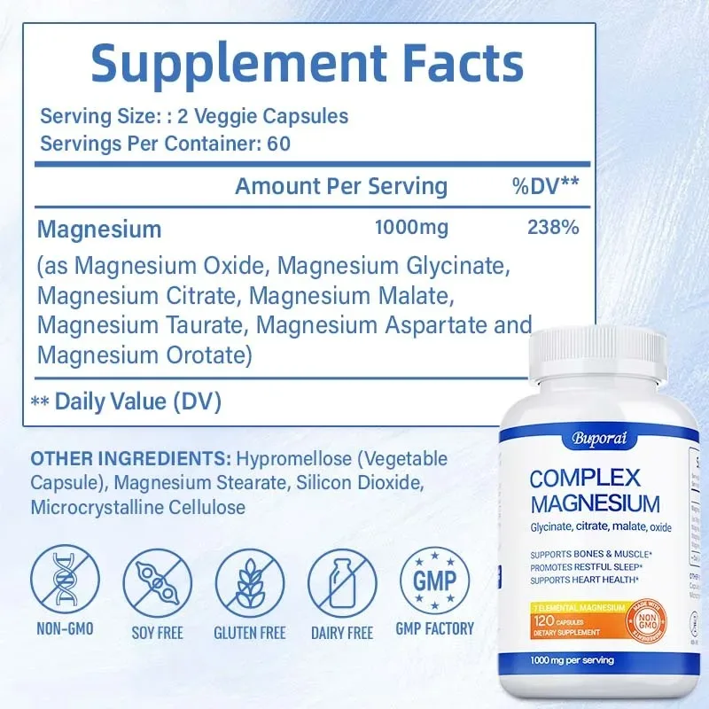 Magnesium Complex Capsules - Relaxation,Improve Sleep,Reduces Stress and Anxiety,Promotes Bone and Muscle Health,Boosts Immunity