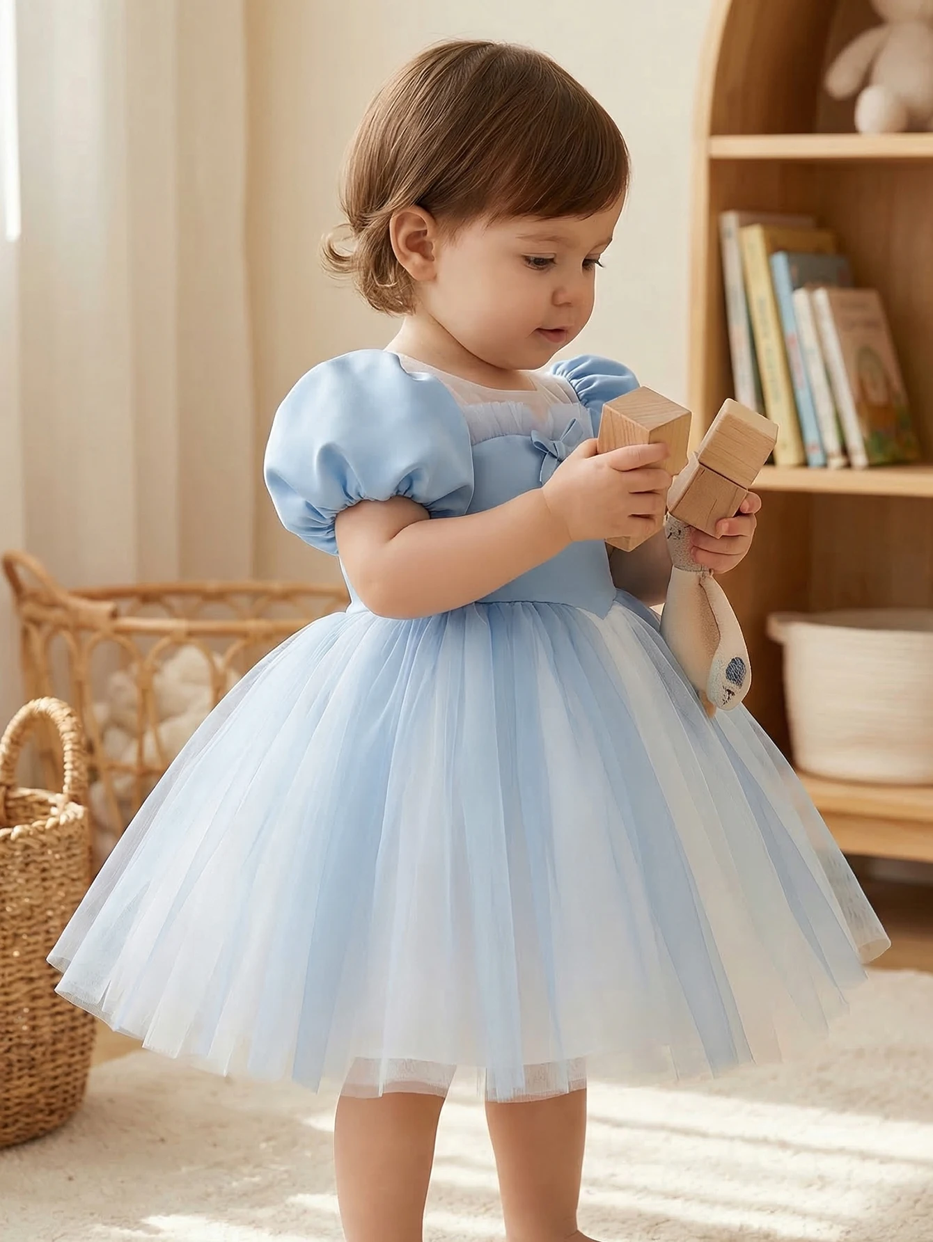 Baby Girls Blue Bubble Sleeve Bow Gauze Capes Dress with Netting Elegant Party Dress for Girls,Daily Wear,Vacation Party,Wedding