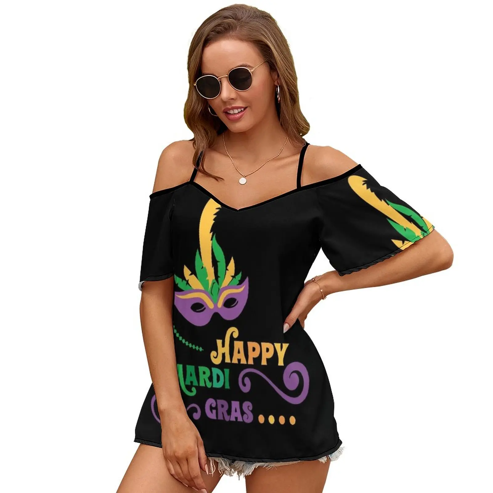 Happy Mardi Gras T Shirt And Apparel Sexy And Club Fashion Female T-Shirt Short Sleeve Off Shoulder Lady T Shirts Mardi Gras