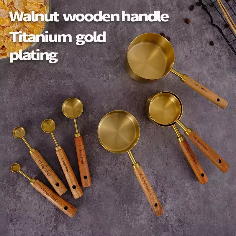 8 pieces walnut wooden handle stainless steel titanium gold plated measuring cup and spoon set Teaspoon measuring tools