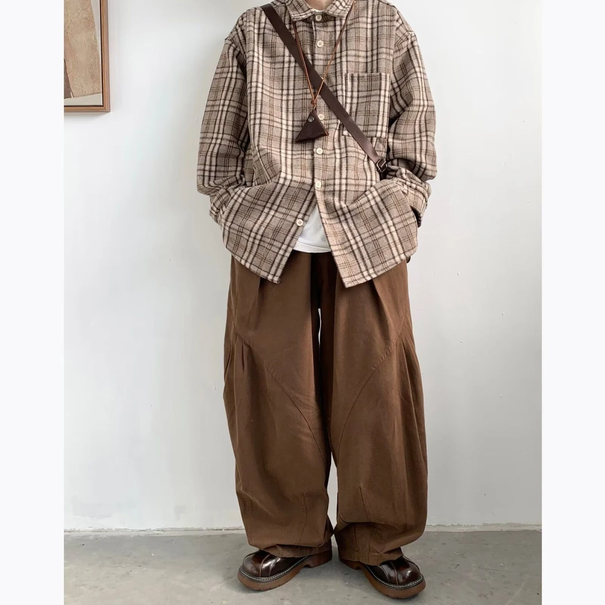 

Early Autumn Plaid Long Sleeve Men's Shirt Casual Loose Fit Simple Style Versatile Cotton Straight Leg Pants for Teenagers
