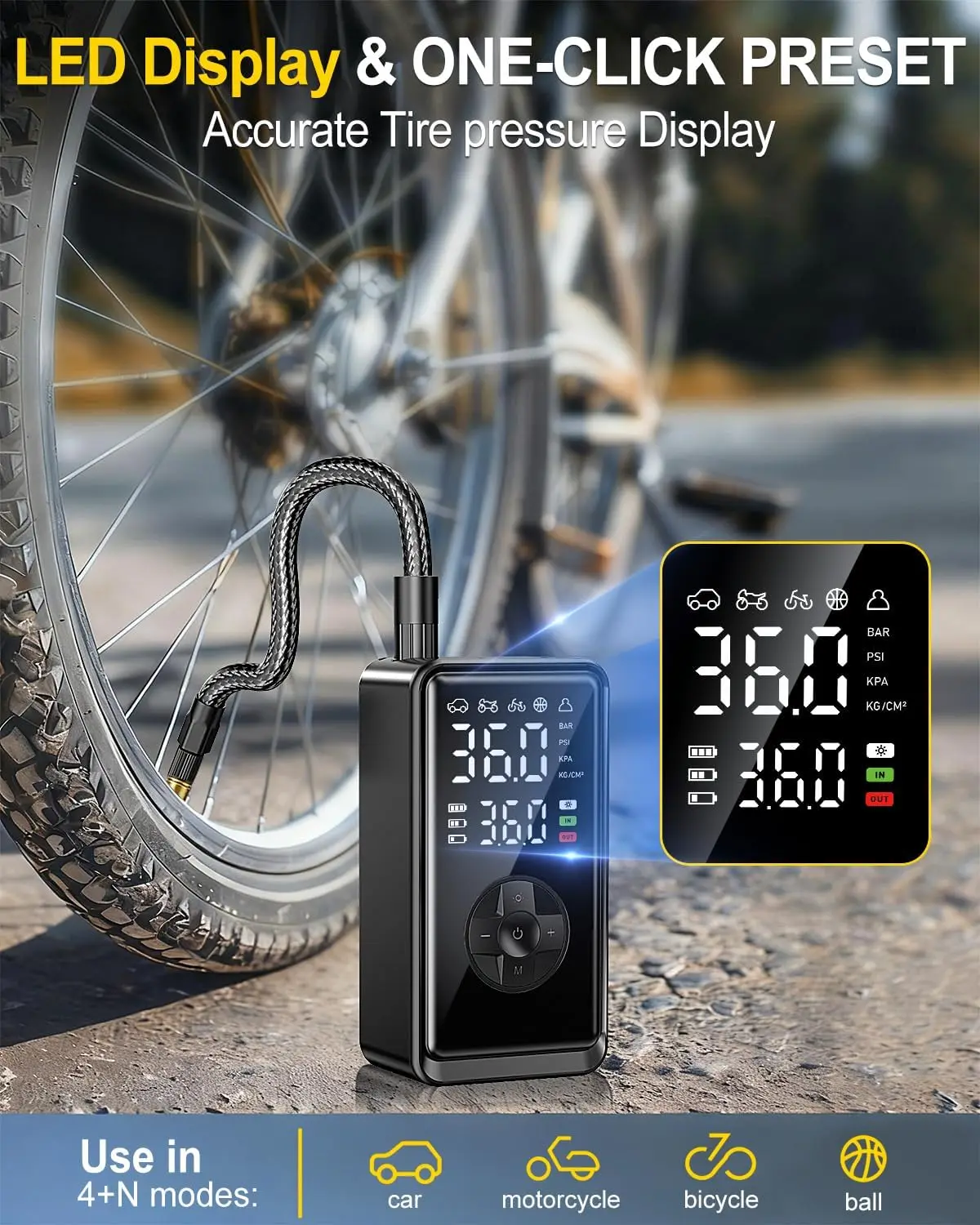 車、バイク、オートバイ用のLCDゲージ付きポータブルデジタルタイヤインフレーター - 高速充填
