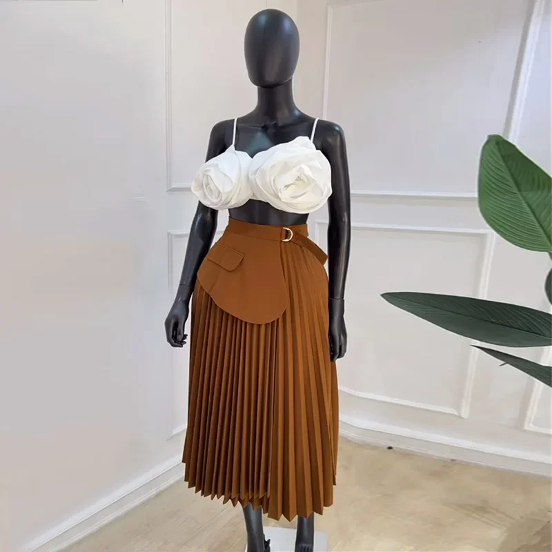 2025 summer new high-waist irregular lace-up pleated skirt mid-length A-line skirt