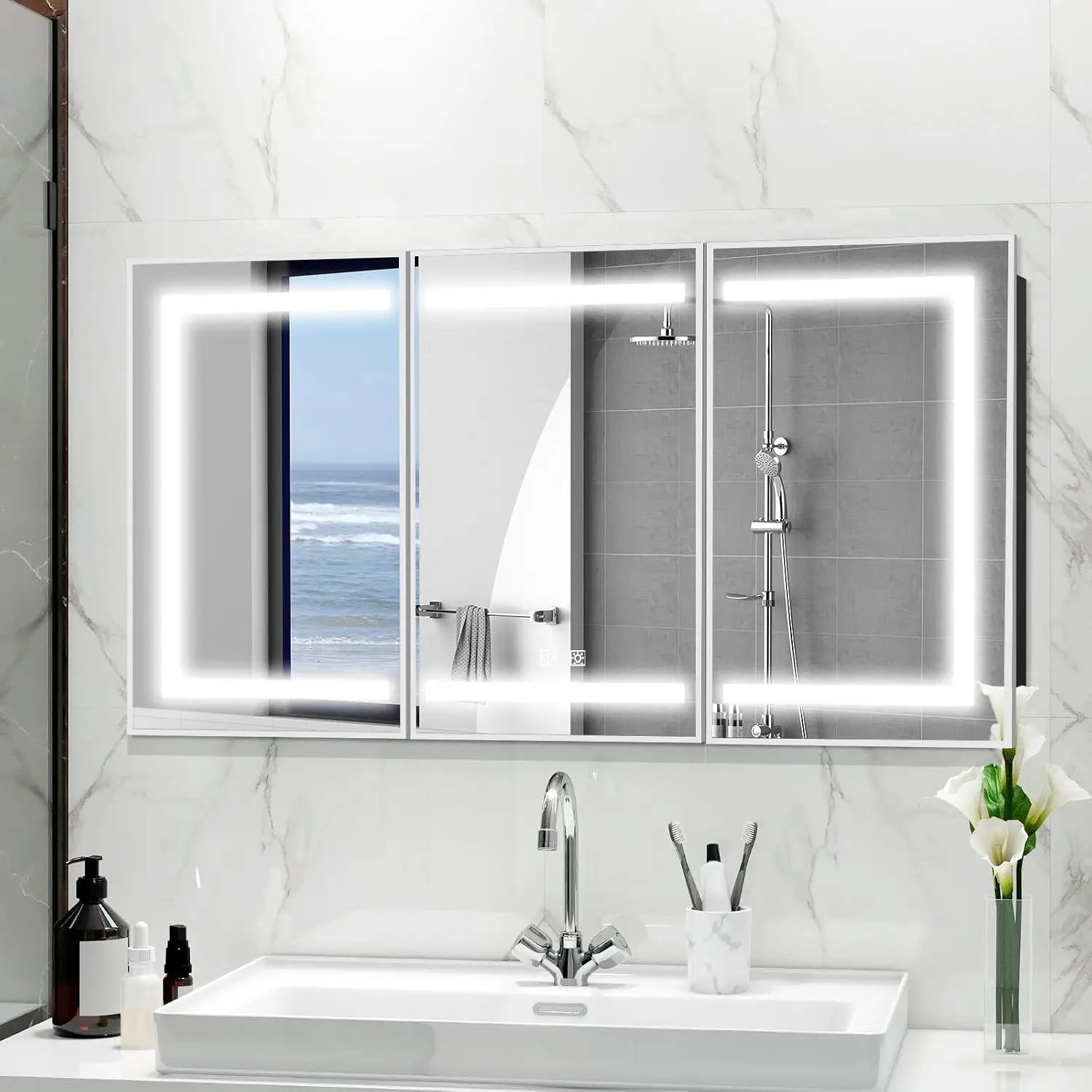 Medicine Cabinet Mirror 48x32 Inch LED Lighted Silver Bathroom Storage Recessed Wall Mount 3 Color Temp Dimmable, Customized