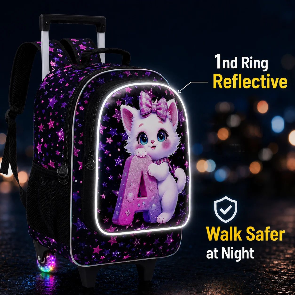 3pcs Girls Rolling Backpack Set, Cute Cat Letter A Wheeled School Bag with Handbag & Pen Pouch