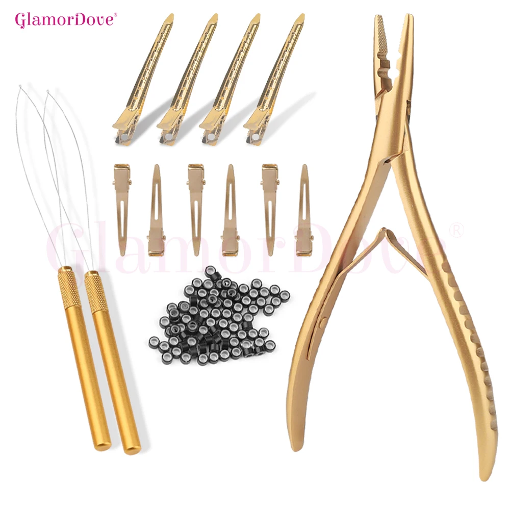 

GlamorDove Hair Extension Kit – Pliers, Loop Tool, Clips & 200PCS Beads for Micro Ring & I Tip