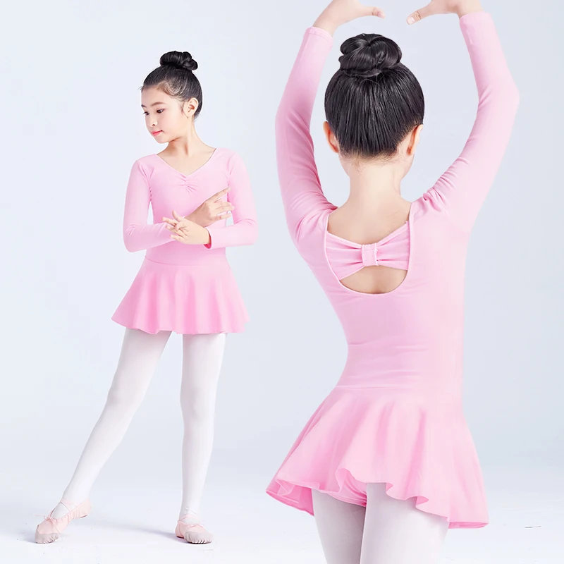 Maillots de Ballet para Niñas con Lazo, Vestido de Danza de Manga Larga, Maillots de Gimnasia de Algodón Rosa para Niñas, Trajes de Gimnasia