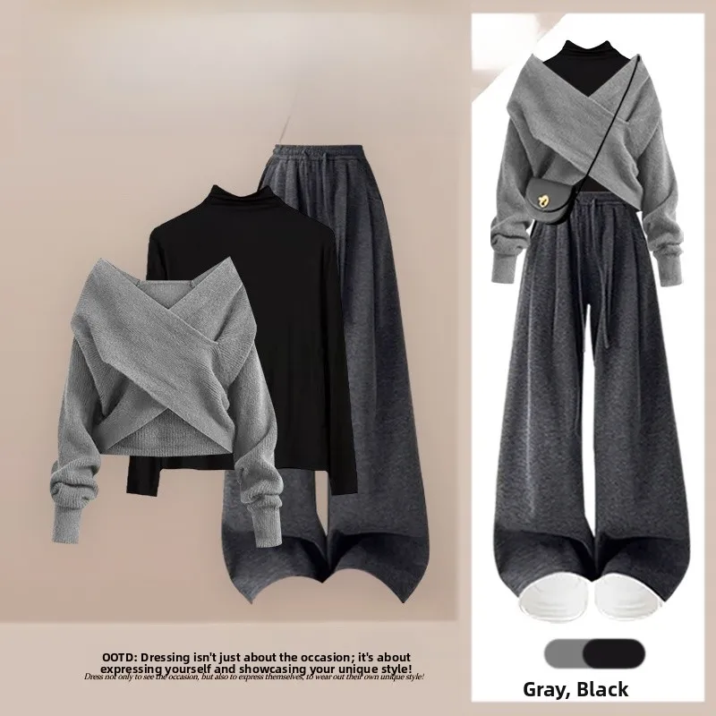 

Casual Knitted Sweater Boting irt Wide Leg Pants Tee Piece Set Women's Faion Design Slimming Effect Autumn Collection