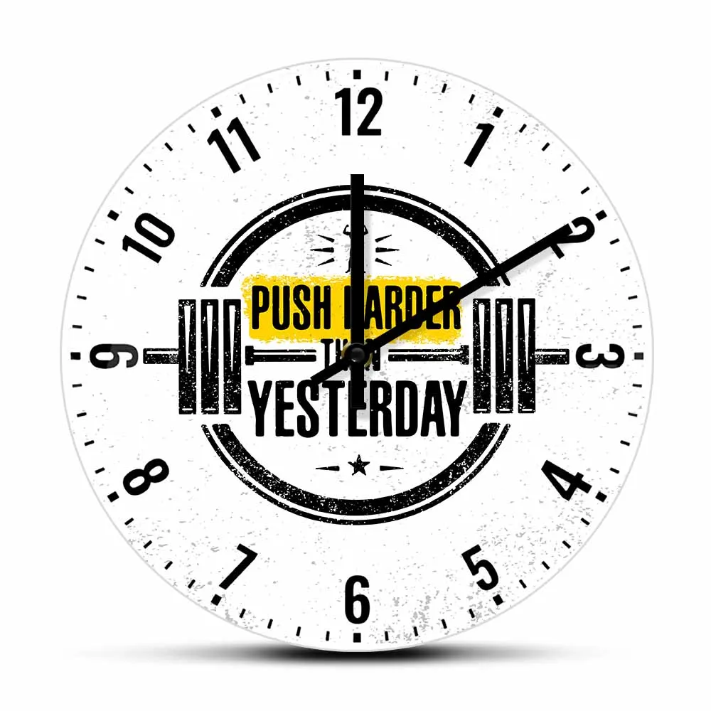 Push Harder Than Yesterday GYM Qoute Wall Clock For Boys Bedroom Man Cave Deocr Work Out Exercise Train Lift Fitness Wall Watch