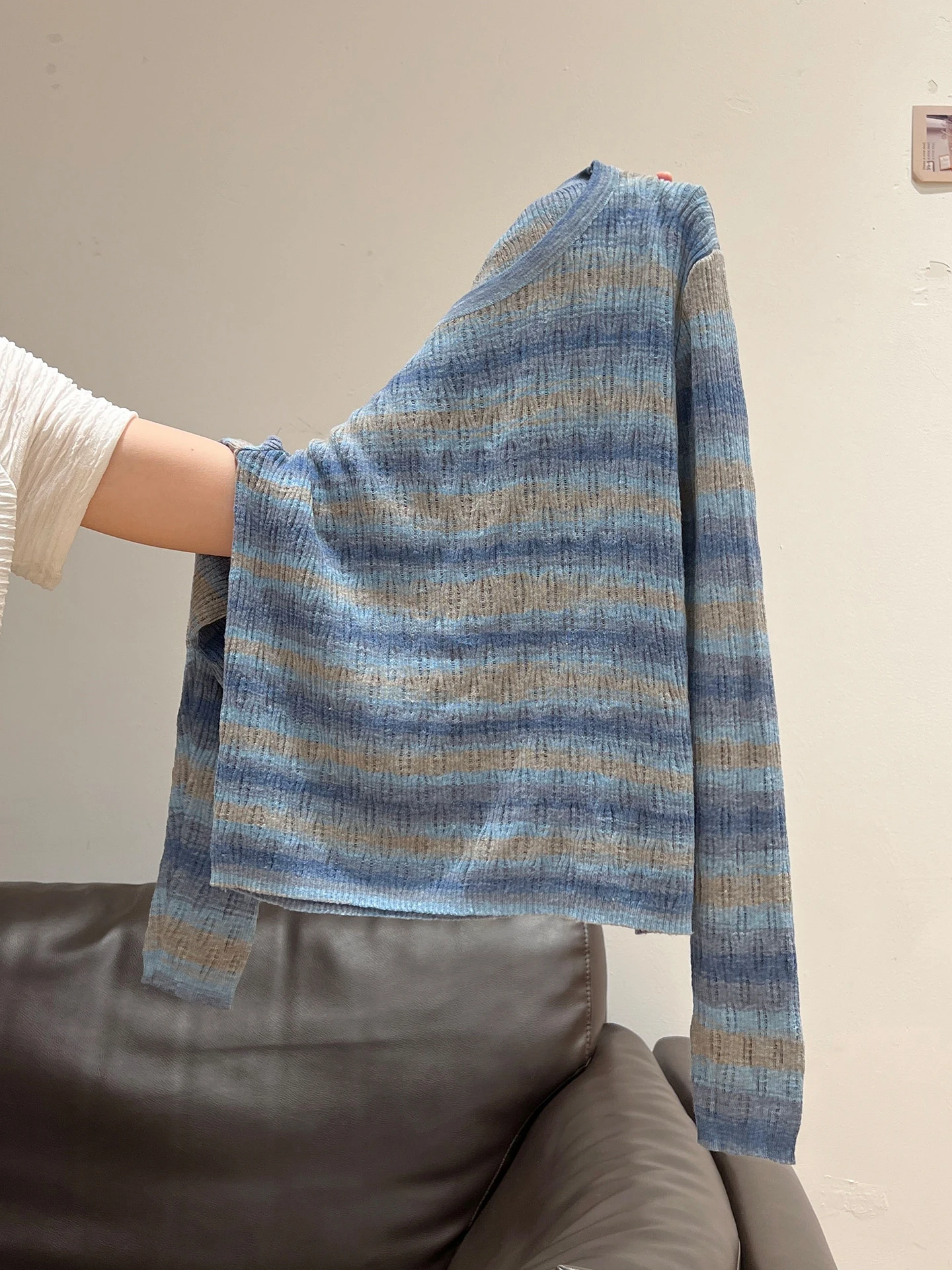 Suéter de punto largo a rayas Ne redondo azul para mujer, Top con Base de Color ahuecado para principios de otoño, Ci Walk Sle