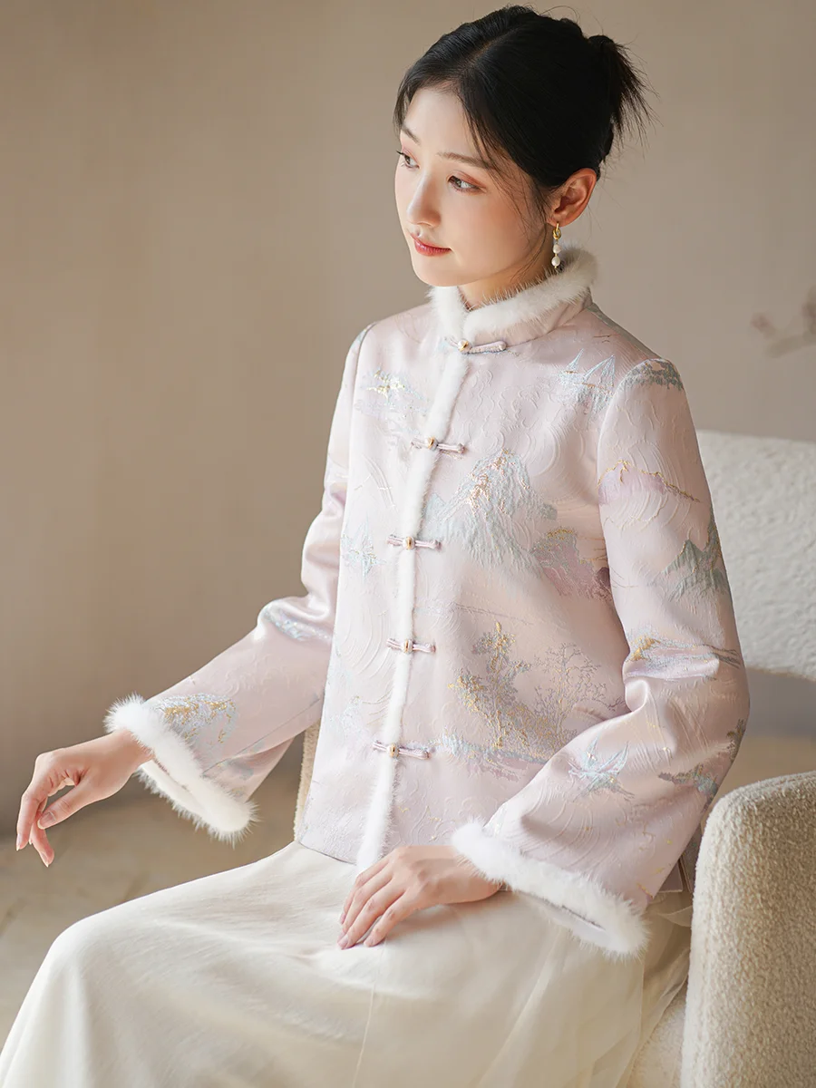 

Original Women's Faion Ancient Chinese Sle Embroidered Jaet Cotton Padded Retro ort Coat Long Sve Stand Collar Coat