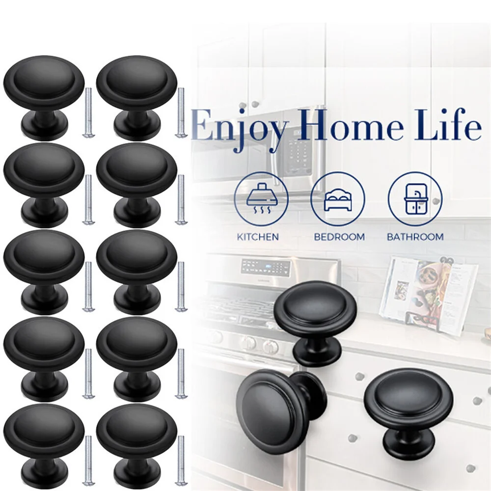 10Pcs Black Cabinet Door Pull Knobs Kitchen Cupboard Drawer Handle Hardware Round High Quality  Aluminum Alloy Handles