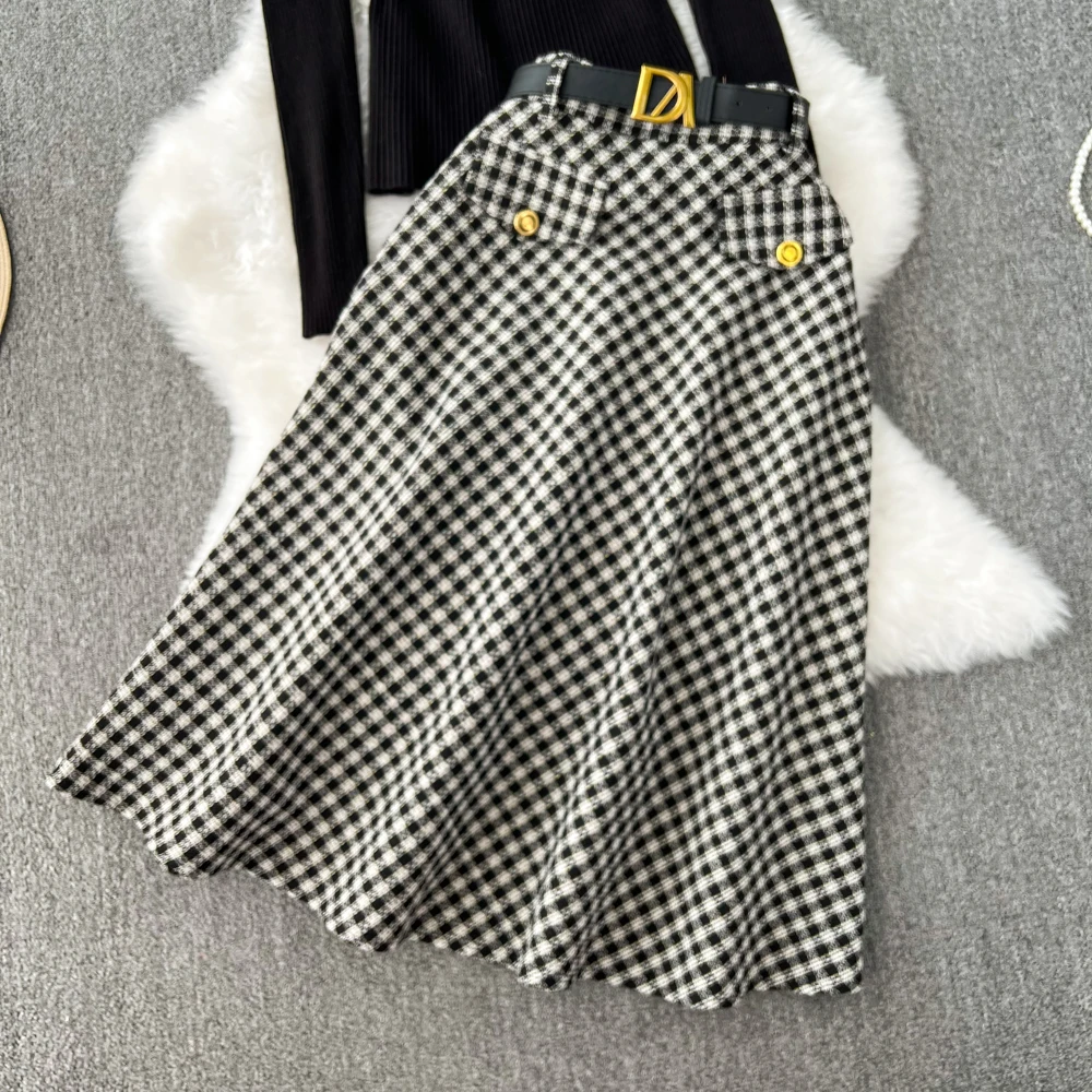 Autumn Winter Fashion Two Piece Skirt Set Women\'s Half High Collar knitted sweater Top Two-piece High Waisted Slim Plaid Skirt