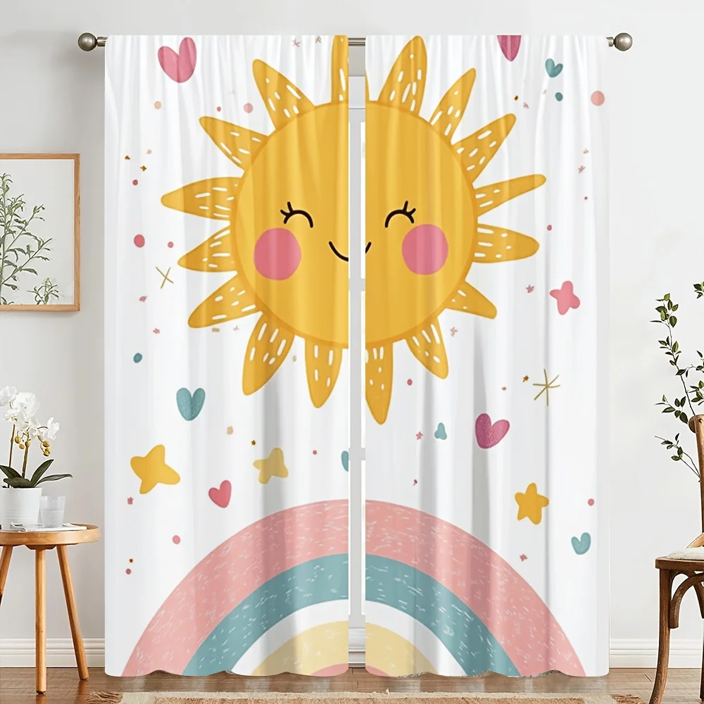 2PCS Digital Print Curtains, Smiley Sun Rainbow, Kids Cartoon