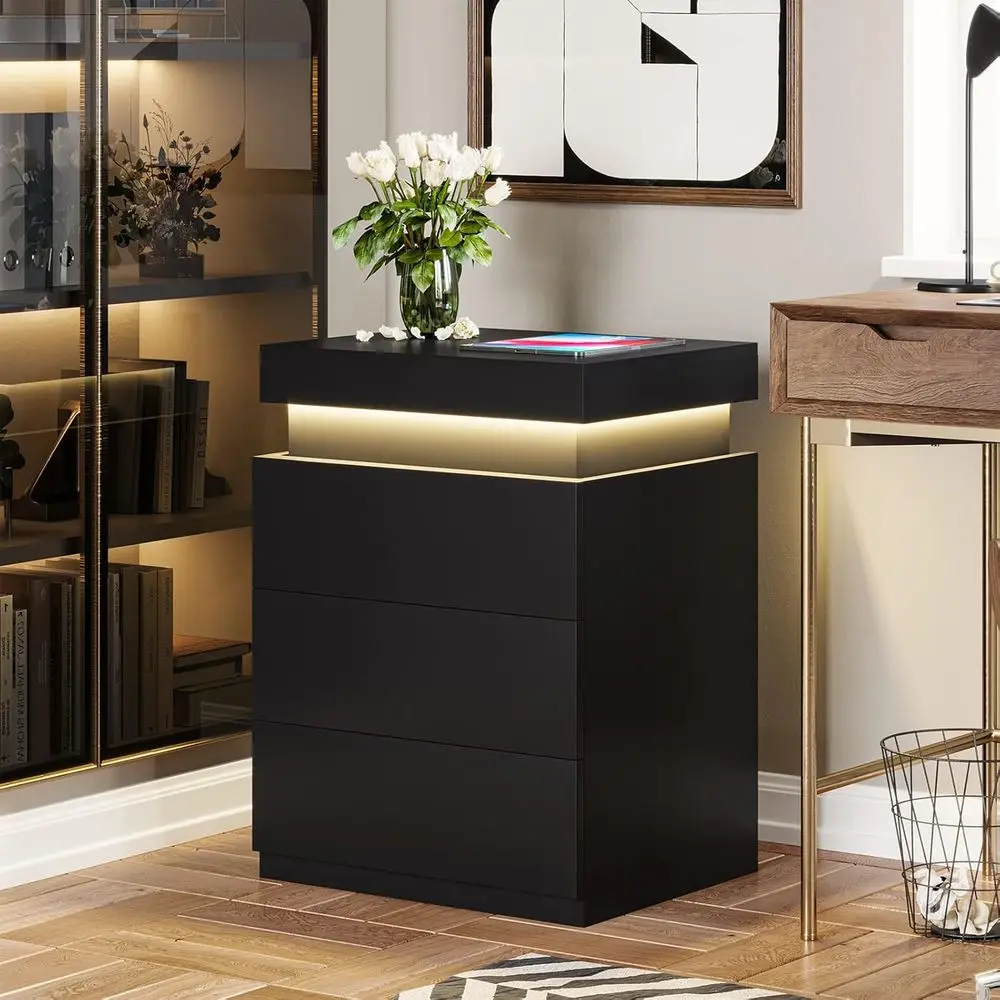 LED-lit Charging Station Nightstand with Sliding Top and Drawers in Modern Black image 6