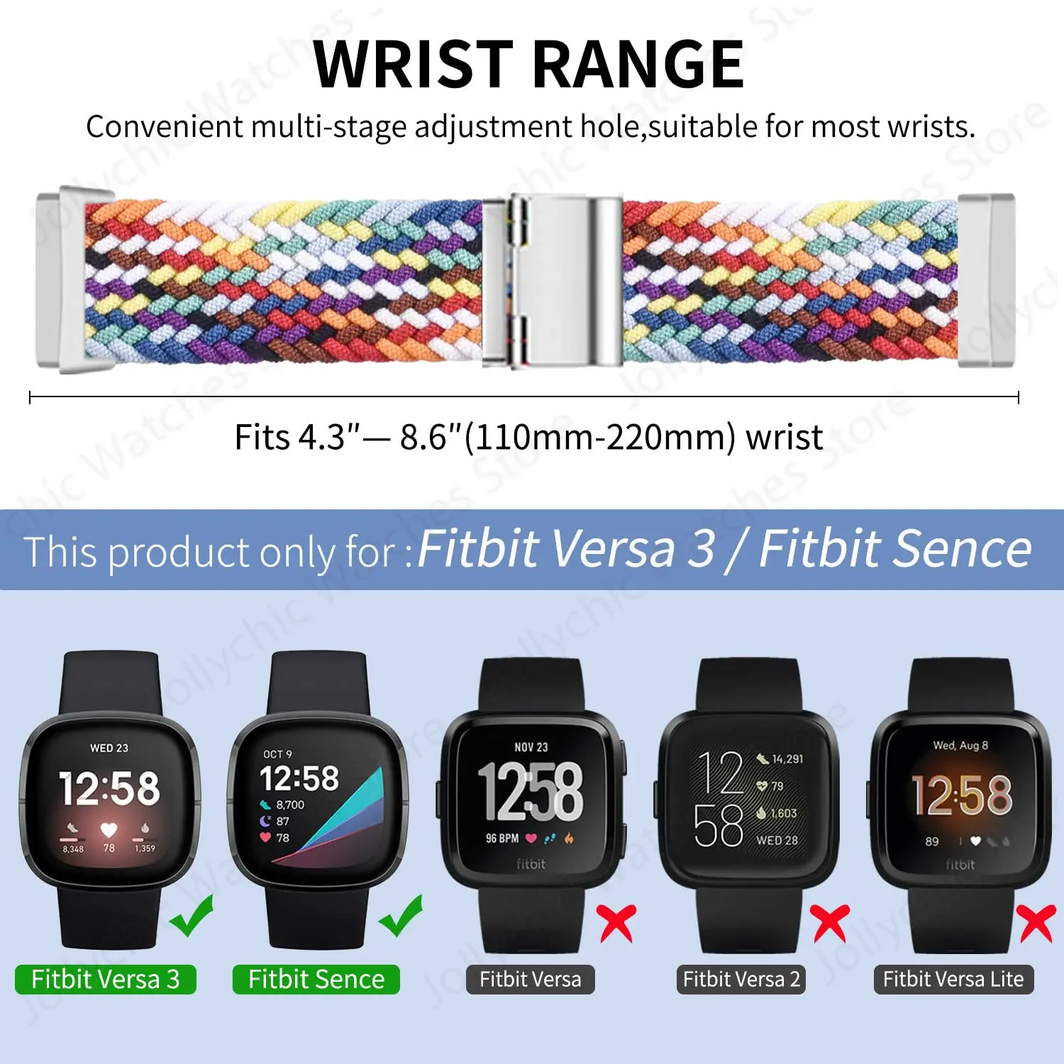 Braided Solo Loop Strap for Fitbit Versa 3 4 Band Adjustable Nylon Sport Watchband Bracelet for Fitbit Sense 2 Bands Watchband