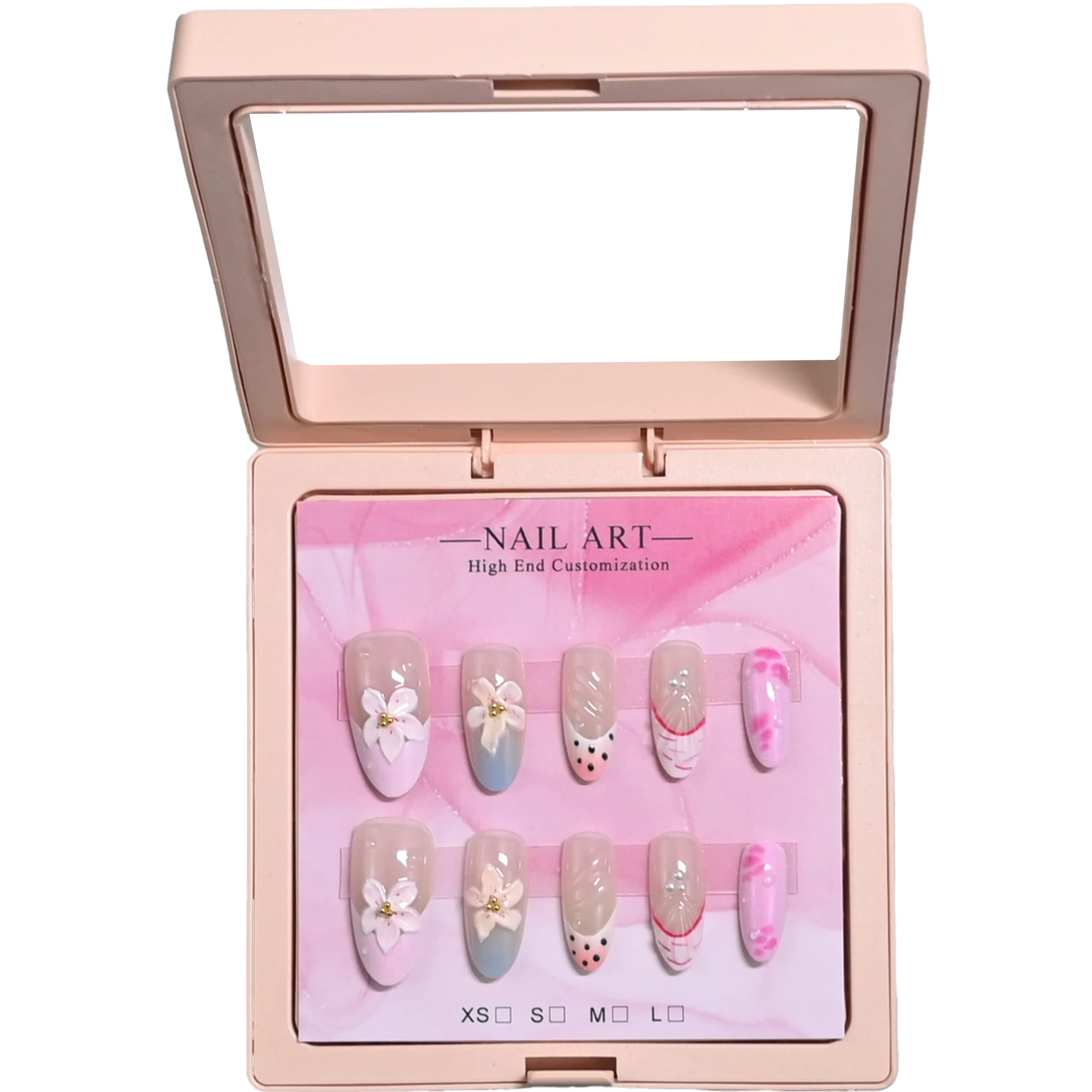 10Pcs Medium Almond Handmade Press On Nails Gift Box, Nude Gradient 3D White Floral Polka Dot Wave Line Pearl Design Reusable Fa