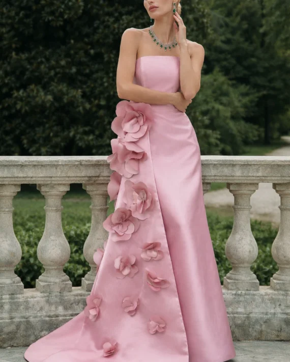 Customized Strapless Floor Length Flowers Court Train Vestidos En Liquidación Envío Gratis De Noche متجر سيرين هايل للفساتين