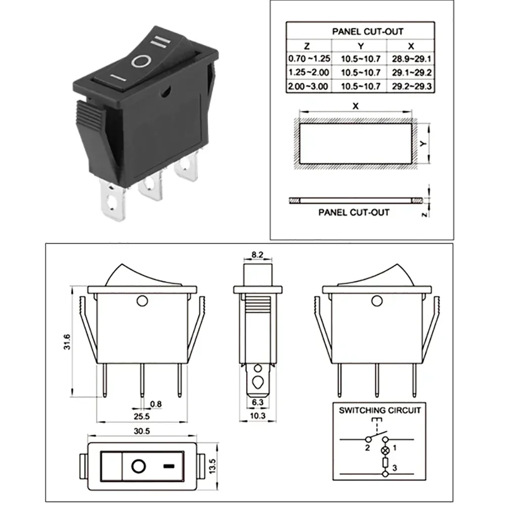 3 Position KCD3 Rocker Switch ON-OFF 3 Pins Electrical Equipment With Light Power Switch Switch Cap 12V 16A 250VAC