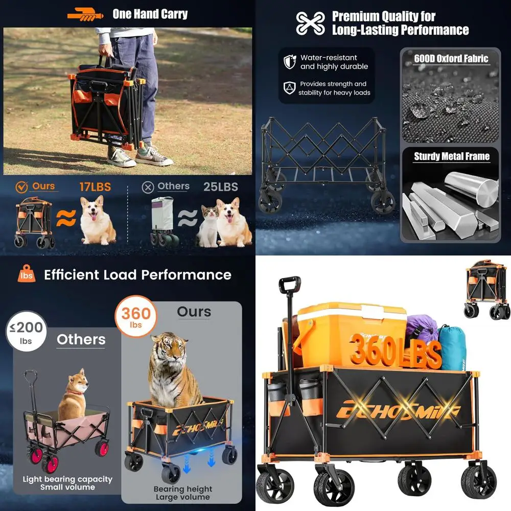 

Heavy-Duty Collapsible Folding Wagon, 360lbs Capacity, All-Terrain Wheels, Ideal for Outdoors, Camping, Beach, Shopping, Picnic