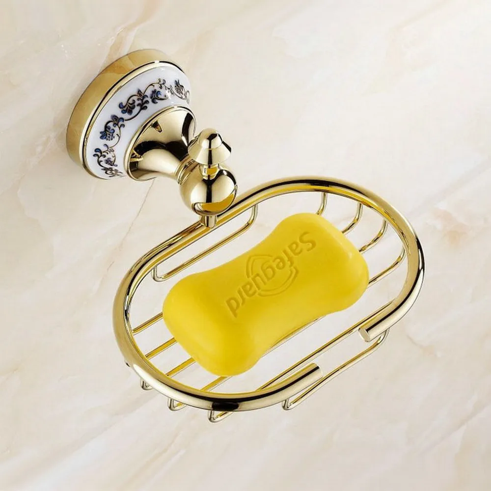 

Golden Brass Ceramic Base Bathroom Wall Mounted Soap Dish Basket Holder 2ba253