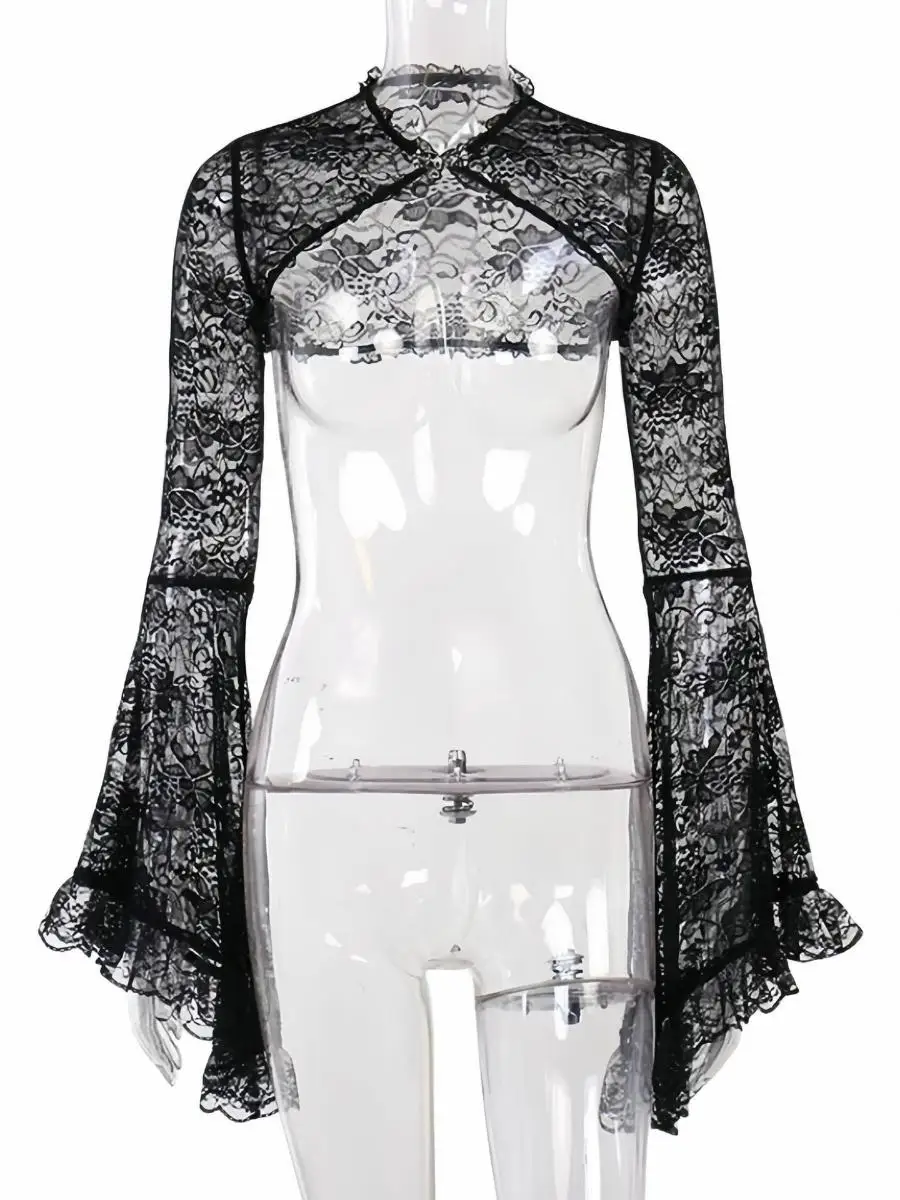 Sexy Lace Hollow out Button Blouse Women's Bell Sleeve Cover up Shirt Trendy Spring Fashion Ethnic Stage Costume by QingQinNiao