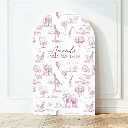 Mehofond Custom 2-Sided Safari Elegant Pink Toile De Jouy Girl Birthday Party Baby Shower Cover Chiara Arch Decor Backdrop Photo