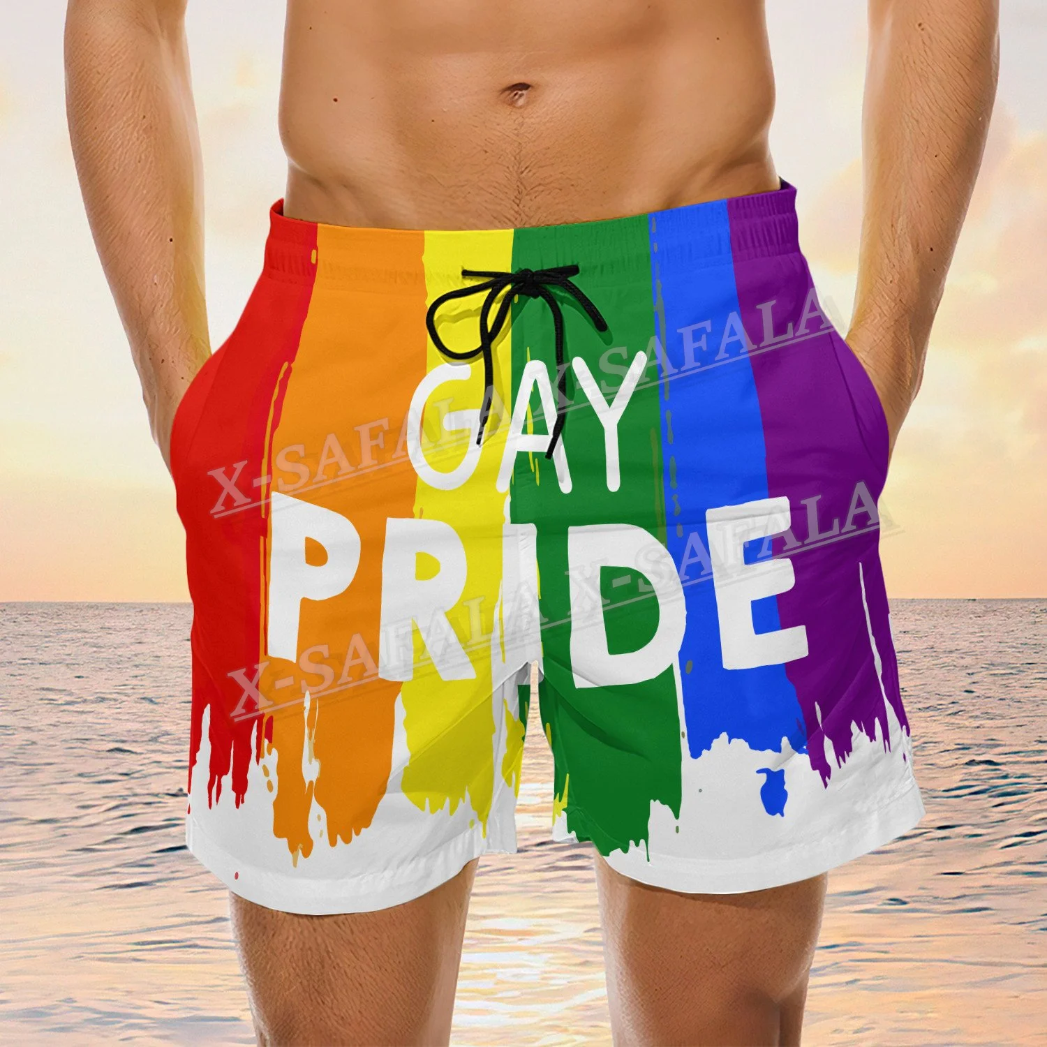 Lesbian Rainbow Skull Lips Proud Swimming Shorts Summer Seaside Gay Beach Shorts Men's Swimming Shorts Half Pants Breeches-9